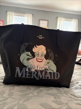 Coach Black Leather Tote with The Little Mermaid Ursula Graphic
